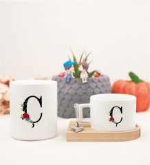 Ç Harfi Çiçek Desenli Ahşap Altlıklı Fincan ve Kumbara
