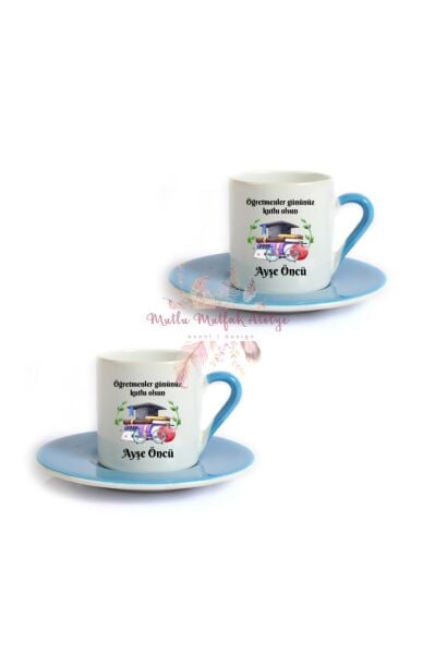 Kişiye Özel Öğretmenler Günü Hediyesi İsimli Canım Öğretmenim  İkili Mavi Türk Kahvesi Fincanı