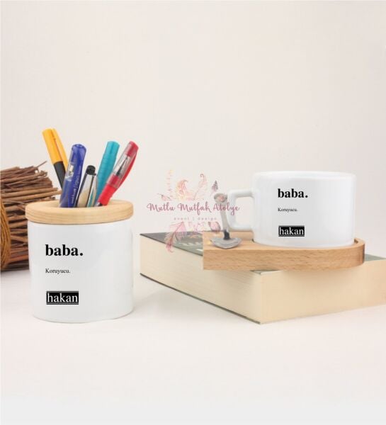 Kişiye Özel Babalar Günü Kalemlik ve Ahşap Altlıklı Fincan