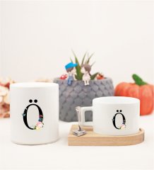 Ö Harfi Çiçek Desenli Ahşap Altlıklı Fincan ve Kumbara
