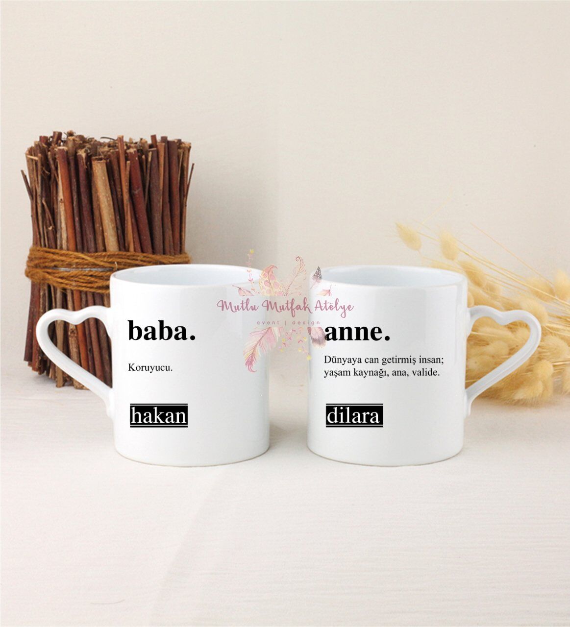 Kişiye Özel Babalar Günü İkili Beyaz Kalpli Kupa Bardak