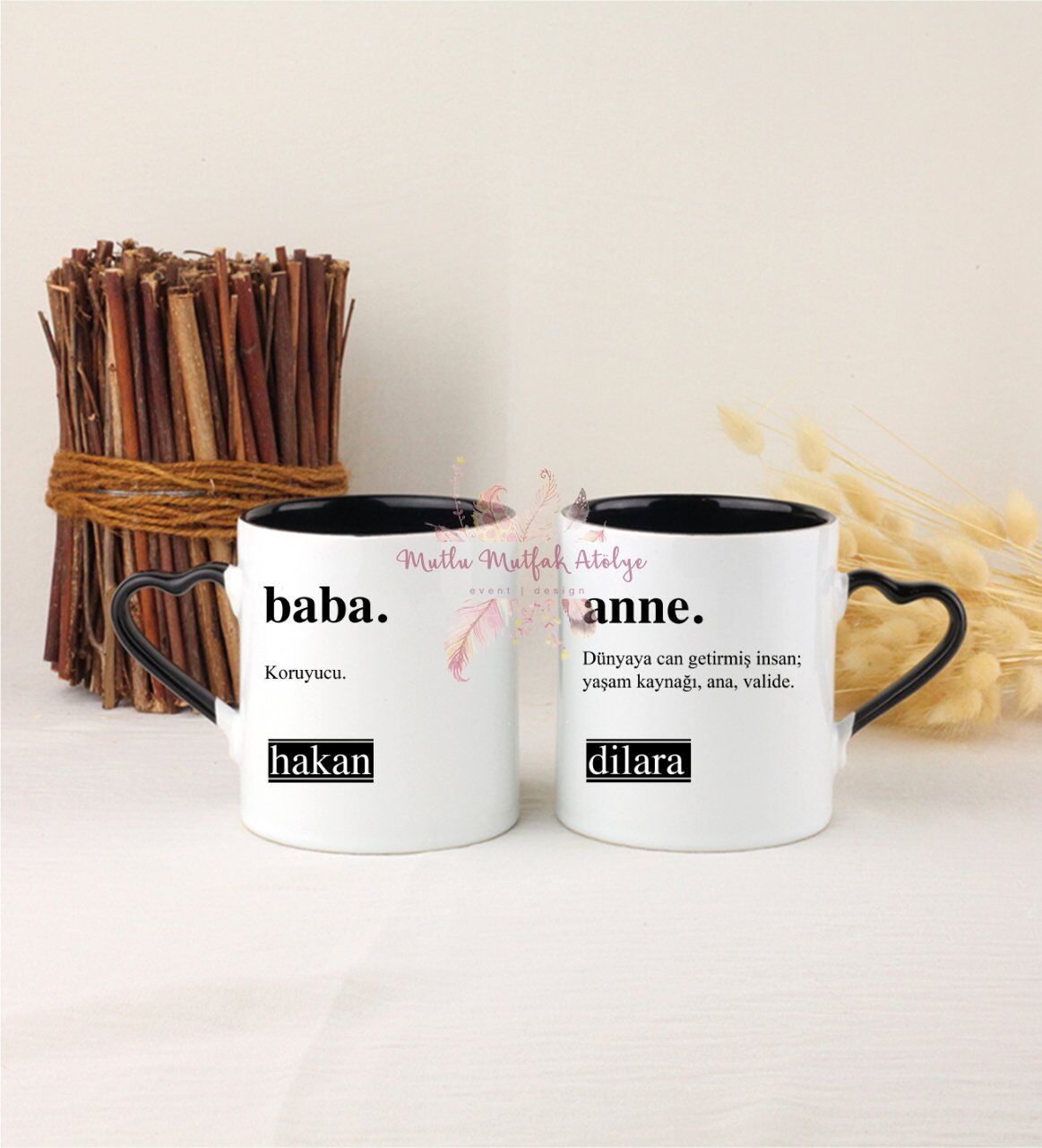 Kişiye Özel Babalar Günü İkili Siyah Kalpli Kupa Bardak