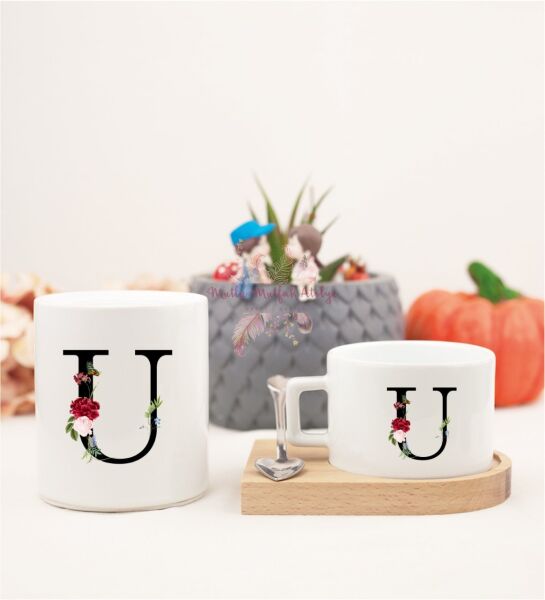 U Harfi Çiçek Desenli Ahşap Altlıklı Fincan ve Kumbara