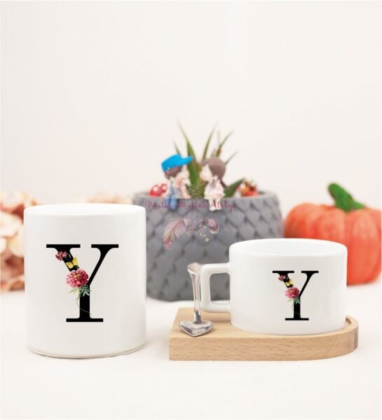 Y Harfi Çiçek Desenli Ahşap Altlıklı Fincan ve Kumbara