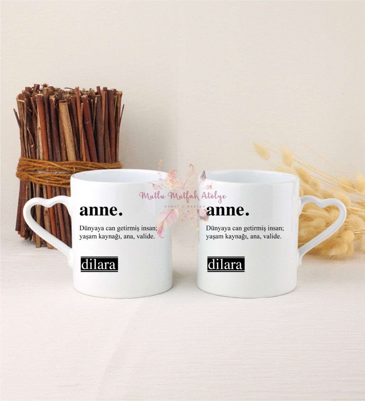 Kişiye Özel Anneler Günü İkili Beyaz Kalpli Kupa Bardak