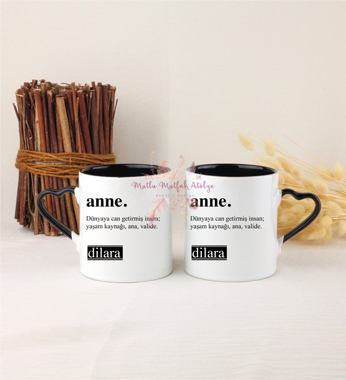 Kişiye Özel Anneler Günü İkili Siyah Kalpli Kupa Bardak