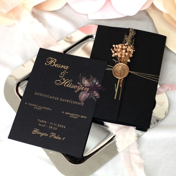 Çiçek Süslemeli Varaklı Mühürlü Davetiye (50 Ad.)