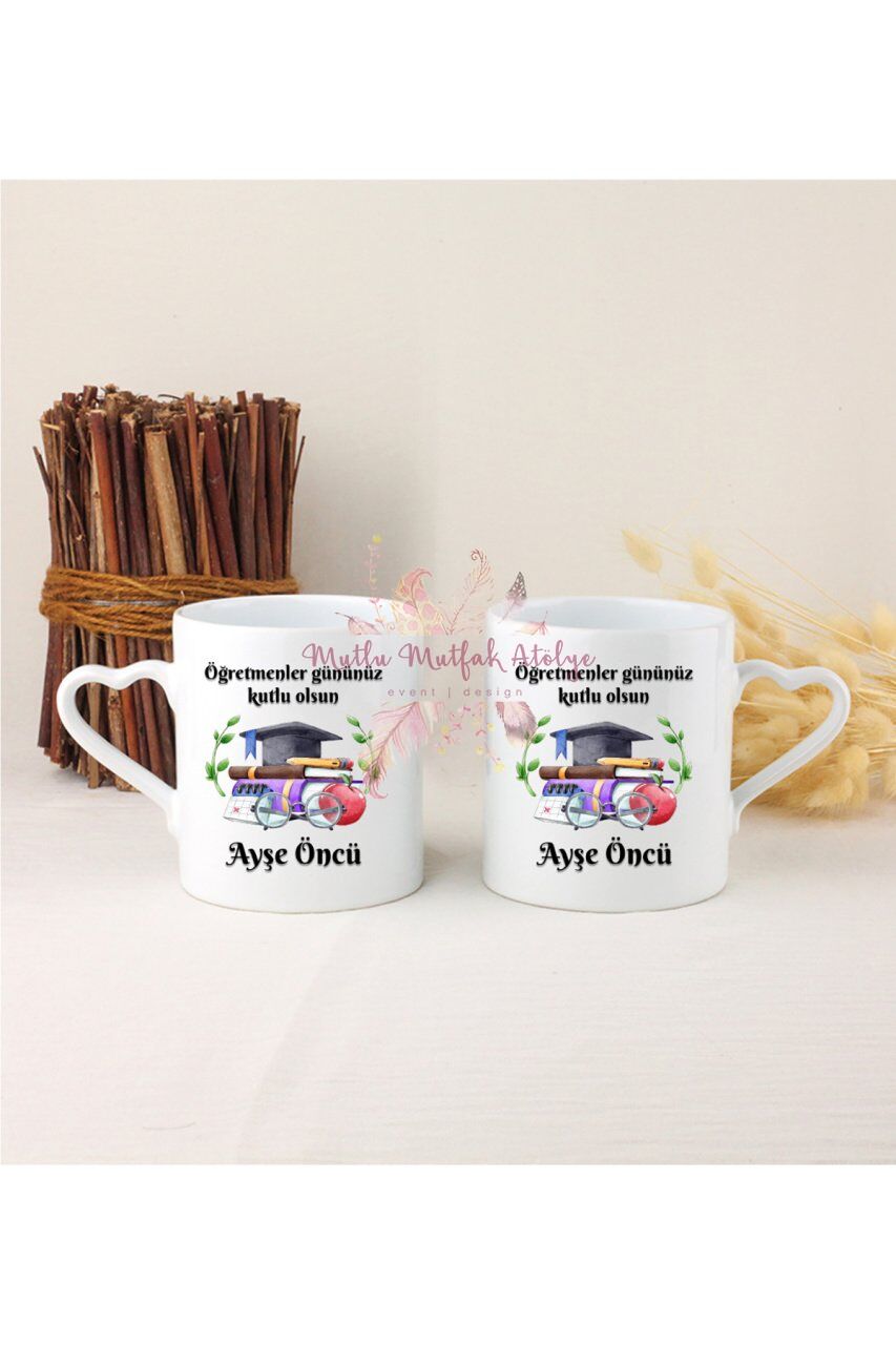 Kişiye Özel Öğretmenler Günü Hediyesi İsimli Canım Öğretmenim  İkili Beyaz Kalpli Kupa Bardak
