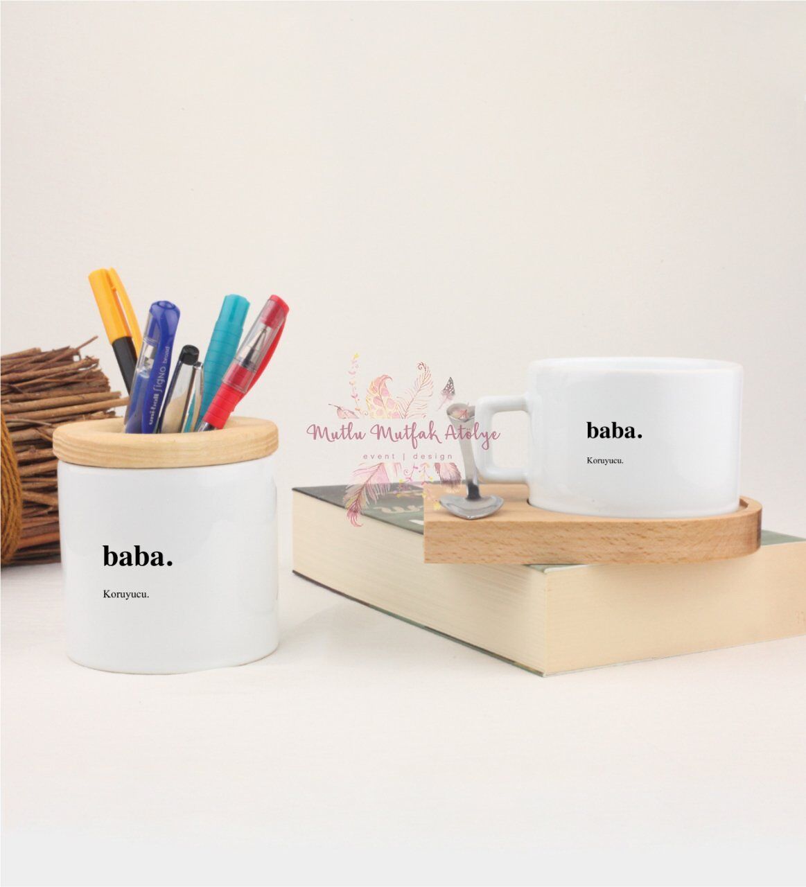 Babalar Günü Kalemlik ve Ahşap Altlıklı Fincan