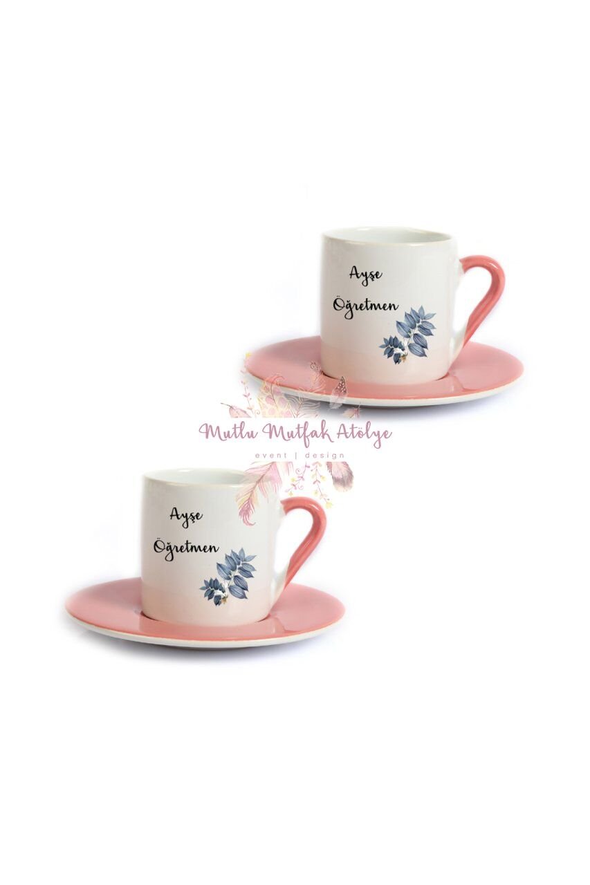 Kişiye Özel Öğretmenler Günü Hediyesi İsimli Çiçek Motifli İkili Pembe Türk Kahvesi Fincanı