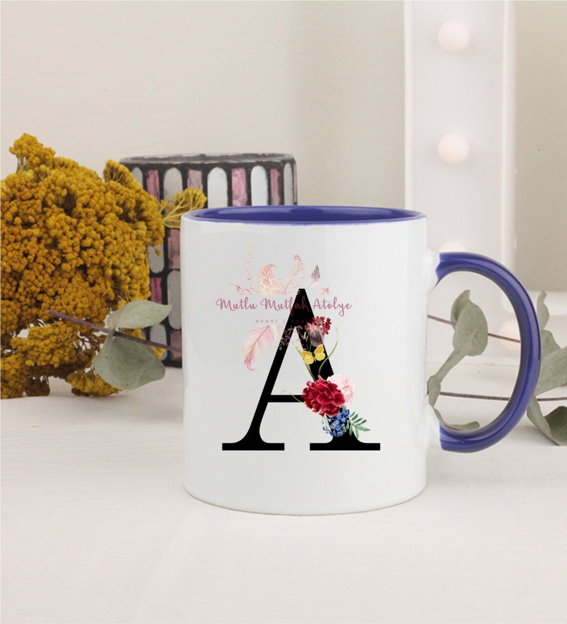 A Harfi Çiçek DesenliLacivert Kupa Bardak