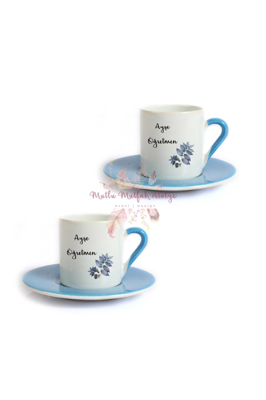 Kişiye Özel Öğretmenler Günü Hediyesi İsimli Çiçek Motifli İkili Mavi Türk Kahvesi Fincanı
