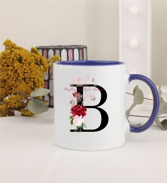 B Harfi Çiçek DesenliLacivert Kupa Bardak