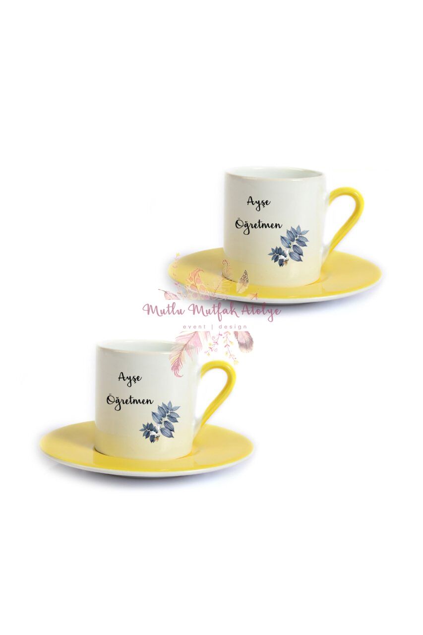 Kişiye Özel Öğretmenler Günü Hediyesi İsimli Çiçek Motifli İkili Sarı Türk Kahvesi Fincanı