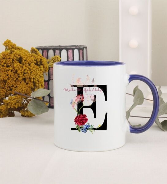 E Harfi Çiçek Desenli Lacivert Kupa Bardak