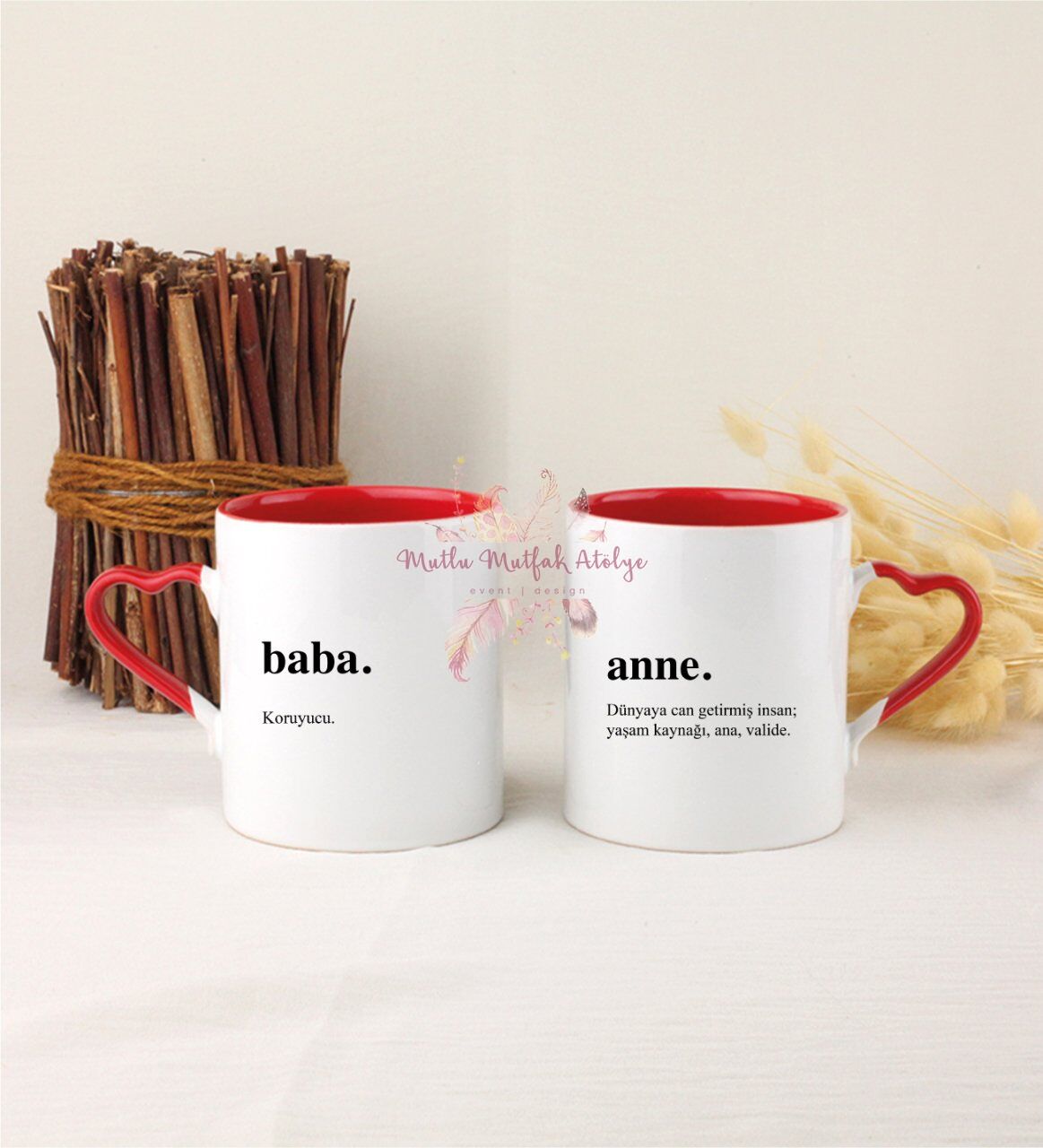 Babalar Günü İkili Kırmızı Kalpli Kupa Bardak