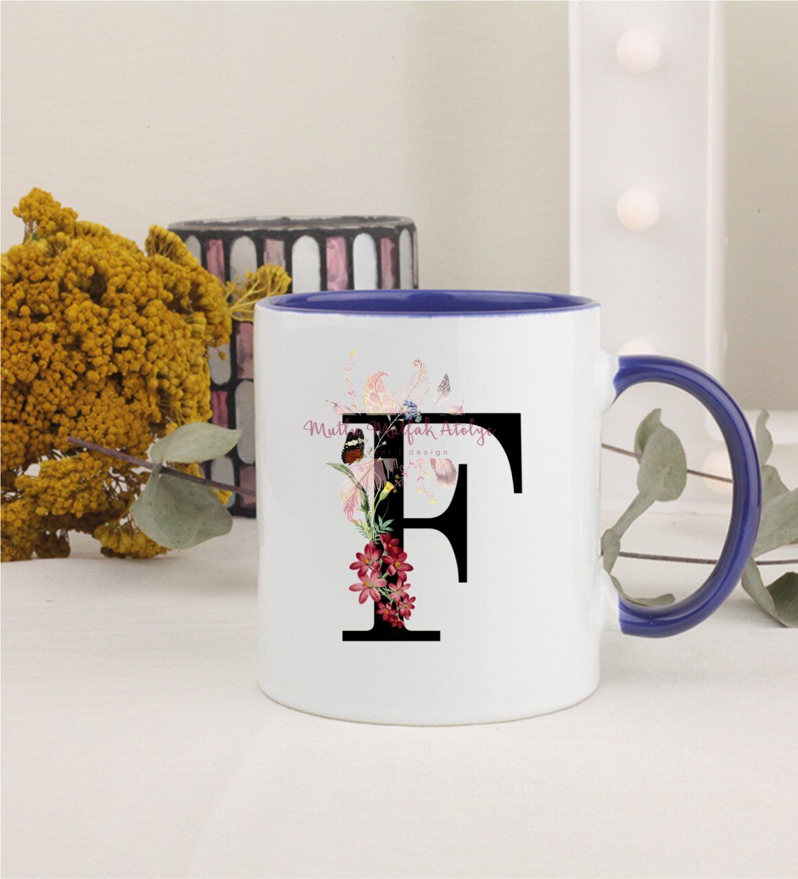 F Harfi Çiçek Desenli Lacivert Kupa Bardak