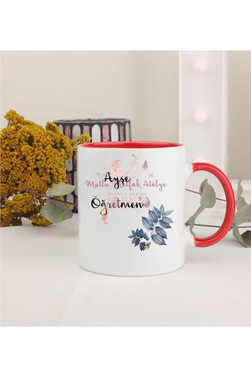 Kişiye Özel Öğretmenler Günü Hediyesi İsimli Çiçek Motifli Kırmızı Kupa Bardak
