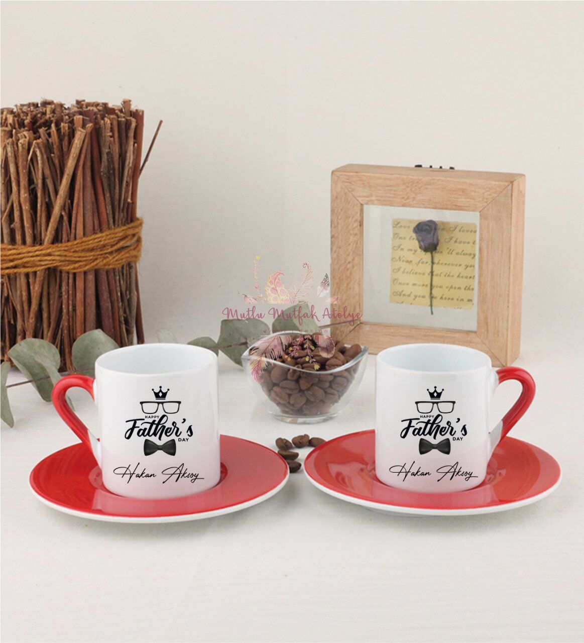 Kişiye Özel Babalar Günü İkili Kırmızılı Türk Kahvesi Fincanı
