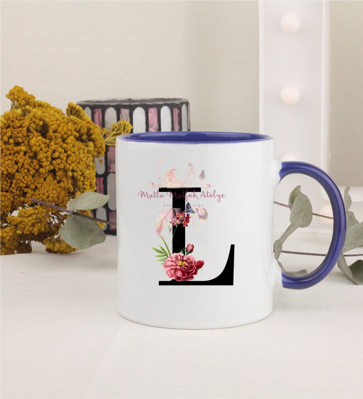 L Harfi Çiçek Desenli Lacivert Kupa Bardak