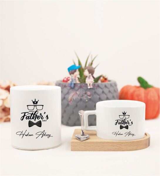 Kişiye Özel Babalar Günü Ahşap Altlıklı Fincan ve Kumbara