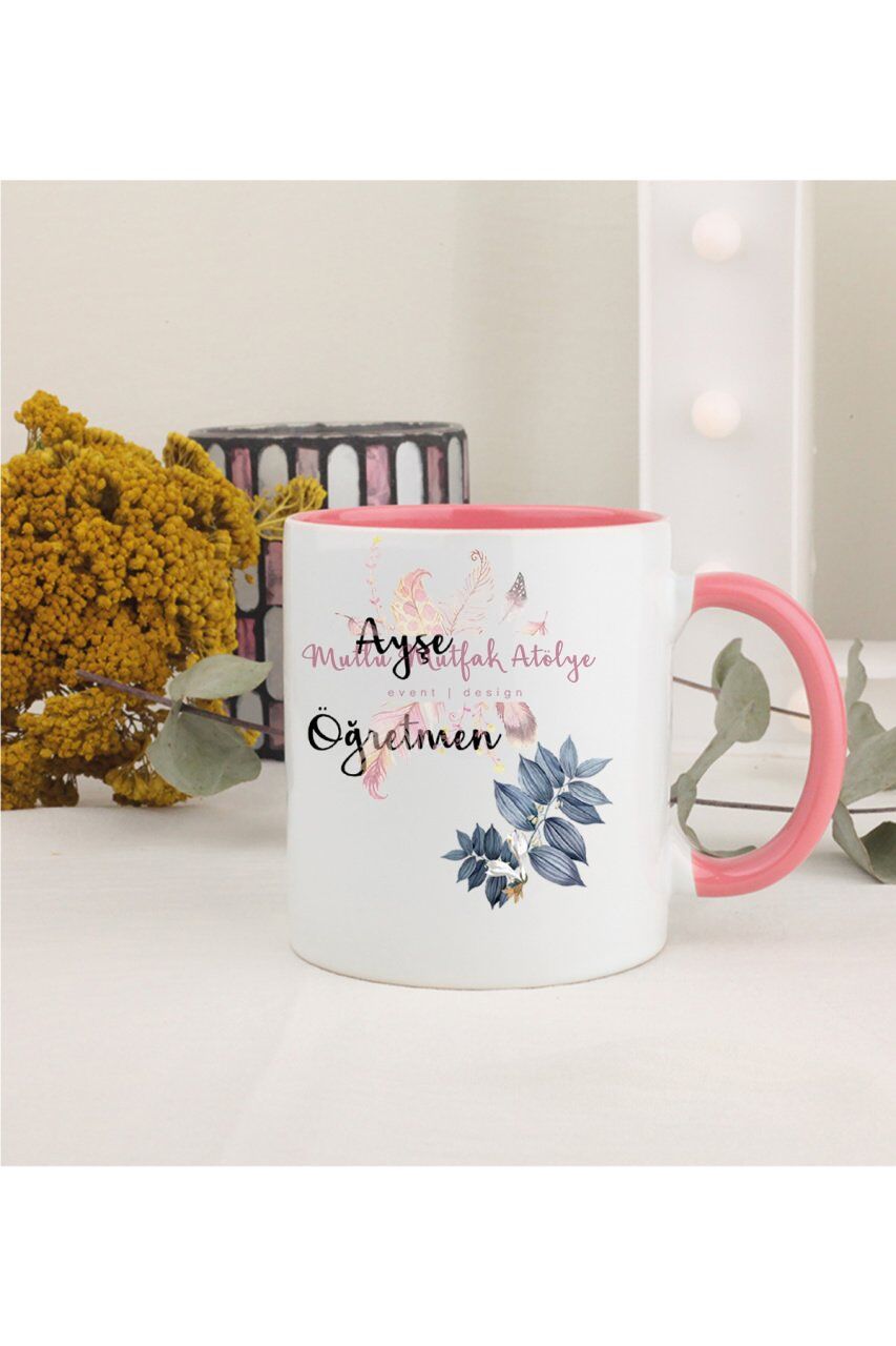 Kişiye Özel Öğretmenler Günü Hediyesi İsimli Çiçek Motifli Pembe Kupa Bardak