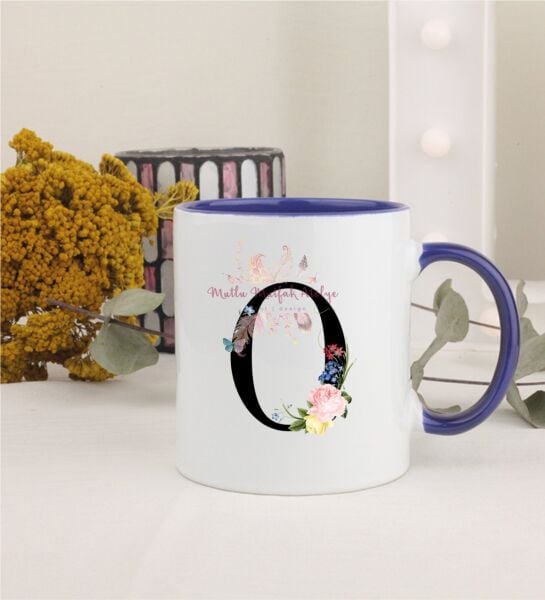 O Harfi Çiçek Desenli Lacivert Kupa Bardak