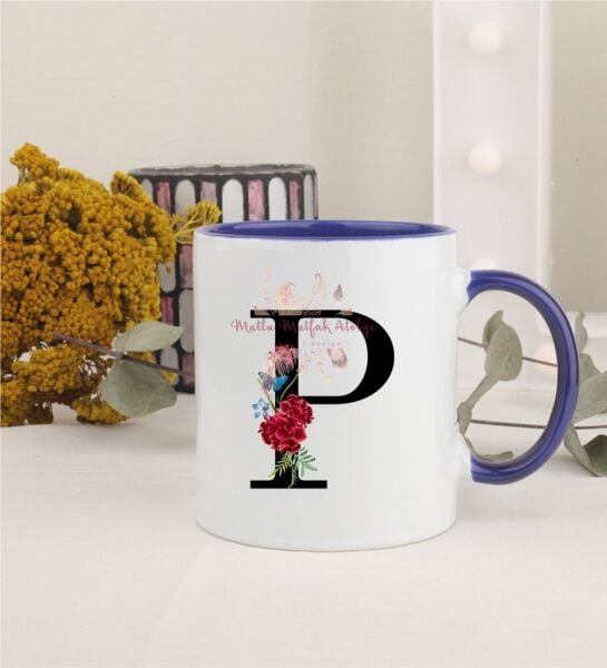 P Harfi Çiçek Desenli Lacivert Kupa Bardak