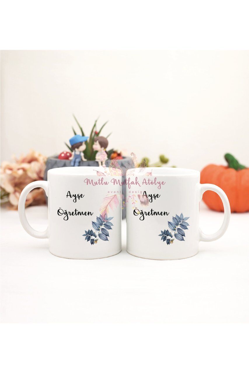 Kişiye Özel Öğretmenler Günü Hediyesi İsimli Çiçek Motifli İkili Kupa Bardak