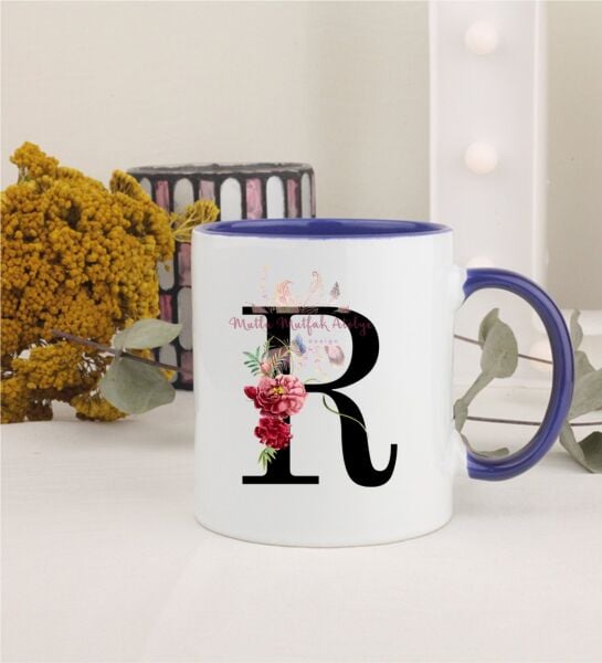 R Harfi Çiçek Desenli Lacivert Kupa Bardak