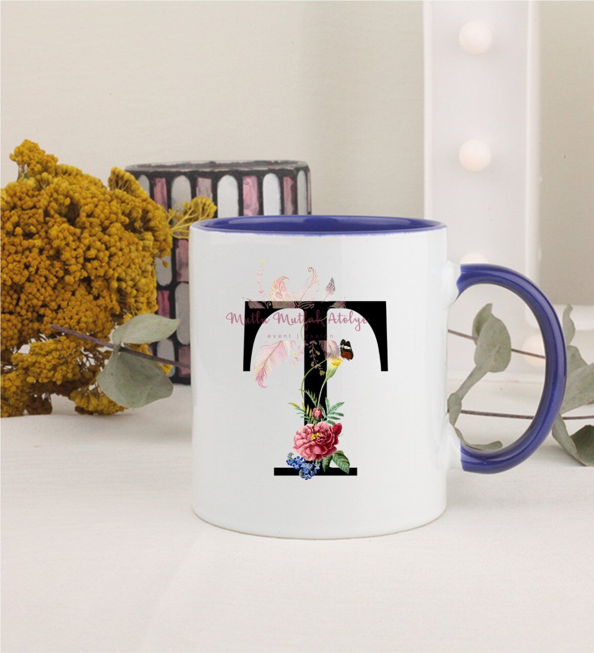 T Harfi Çiçek Desenli Lacivert Kupa Bardak