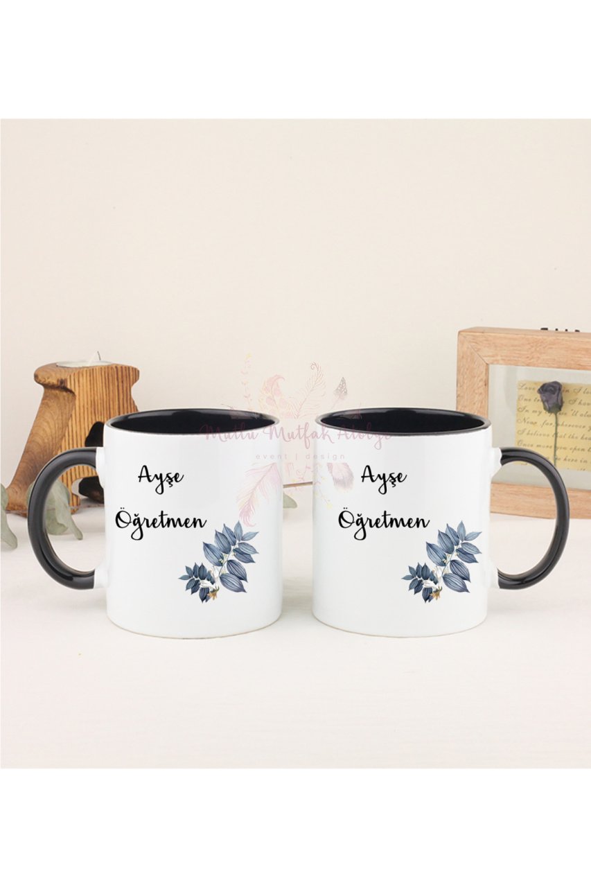 Kişiye Özel Öğretmenler Günü Hediyesi İsimli Çiçek Motifli İkili Siyah Kupa Bardak