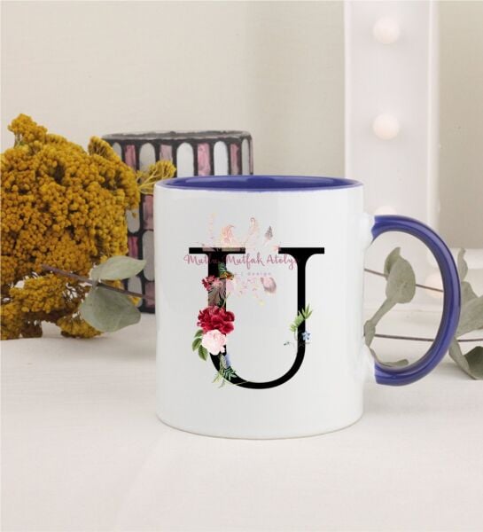 U Harfi Çiçek Desenli Lacivert Kupa Bardak