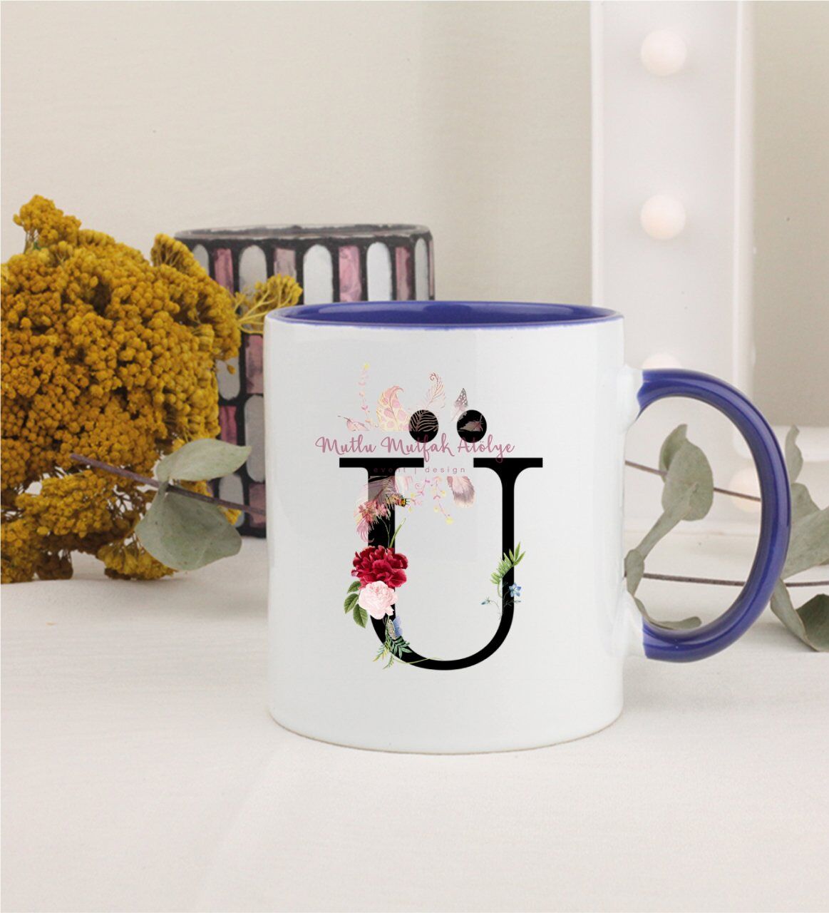 Ü Harfi Çiçek Desenli Lacivert Kupa Bardak