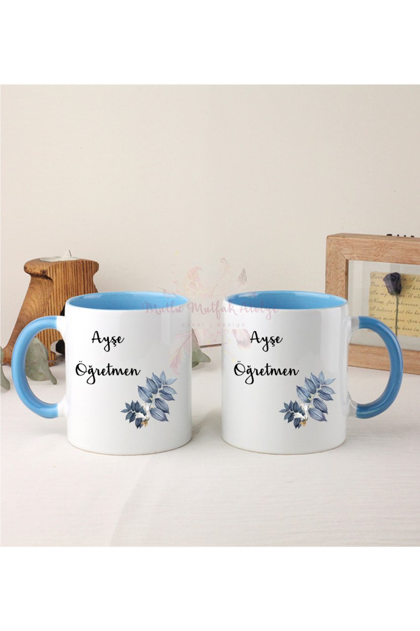 Kişiye Özel Öğretmenler Günü Hediyesi İsimli Çiçek Motifli İkili Mavi Kupa Bardak