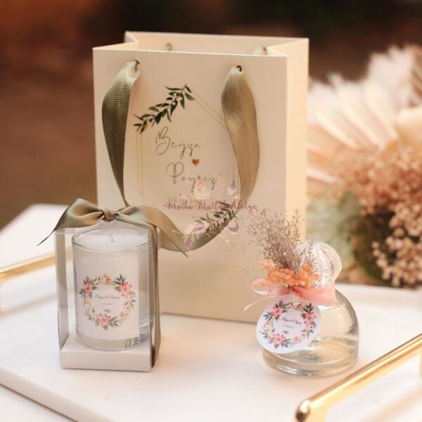 Hediyelik Kokulu Mum Karton Çanta Seti ve Kolonya