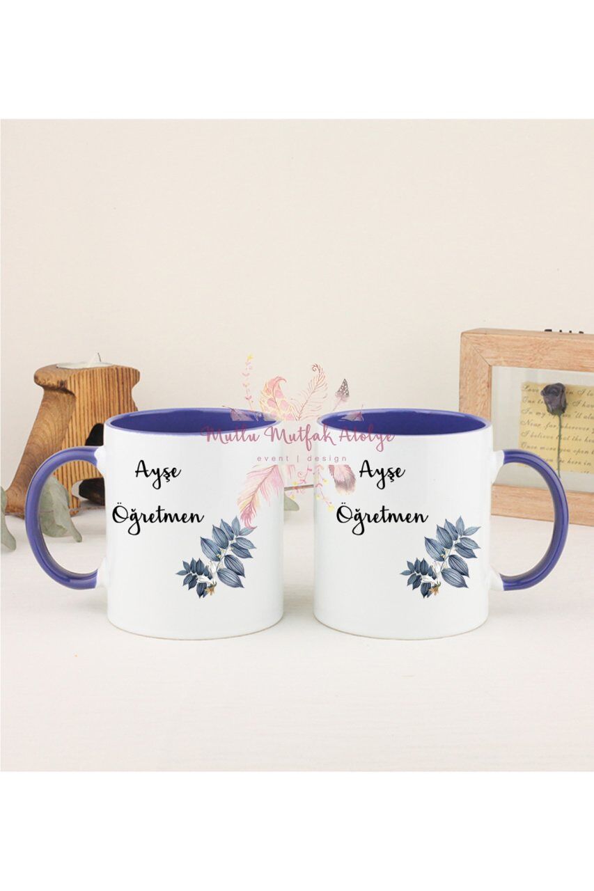 Kişiye Özel Öğretmenler Günü Hediyesi İsimli Çiçek Motifli İkili Lacivert Kupa Bardak