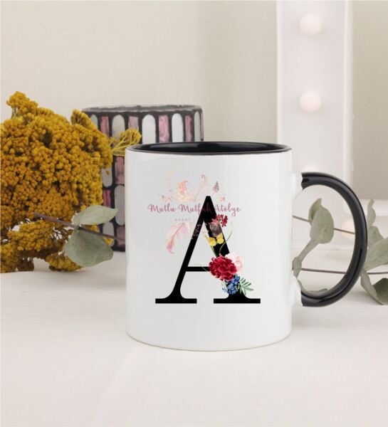 A Harfi Çiçek DesenliSiyah Kupa Bardak