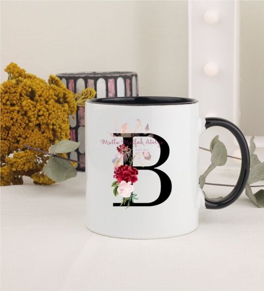 B Harfi Çiçek DesenliSiyah Kupa Bardak