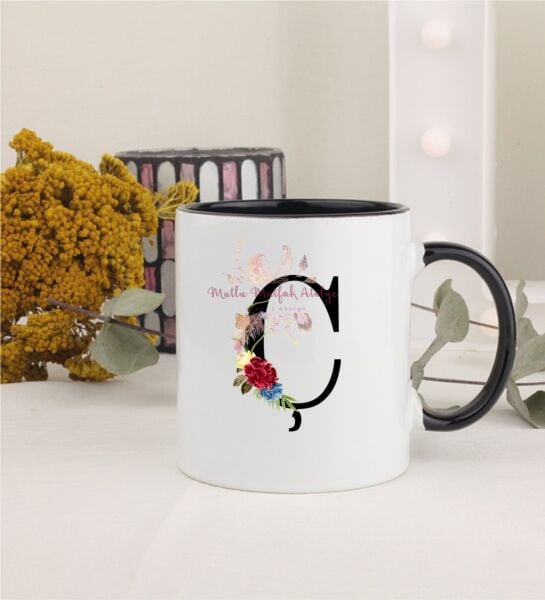 Ç Harfi Çiçek Desenli Siyah Kupa Bardak