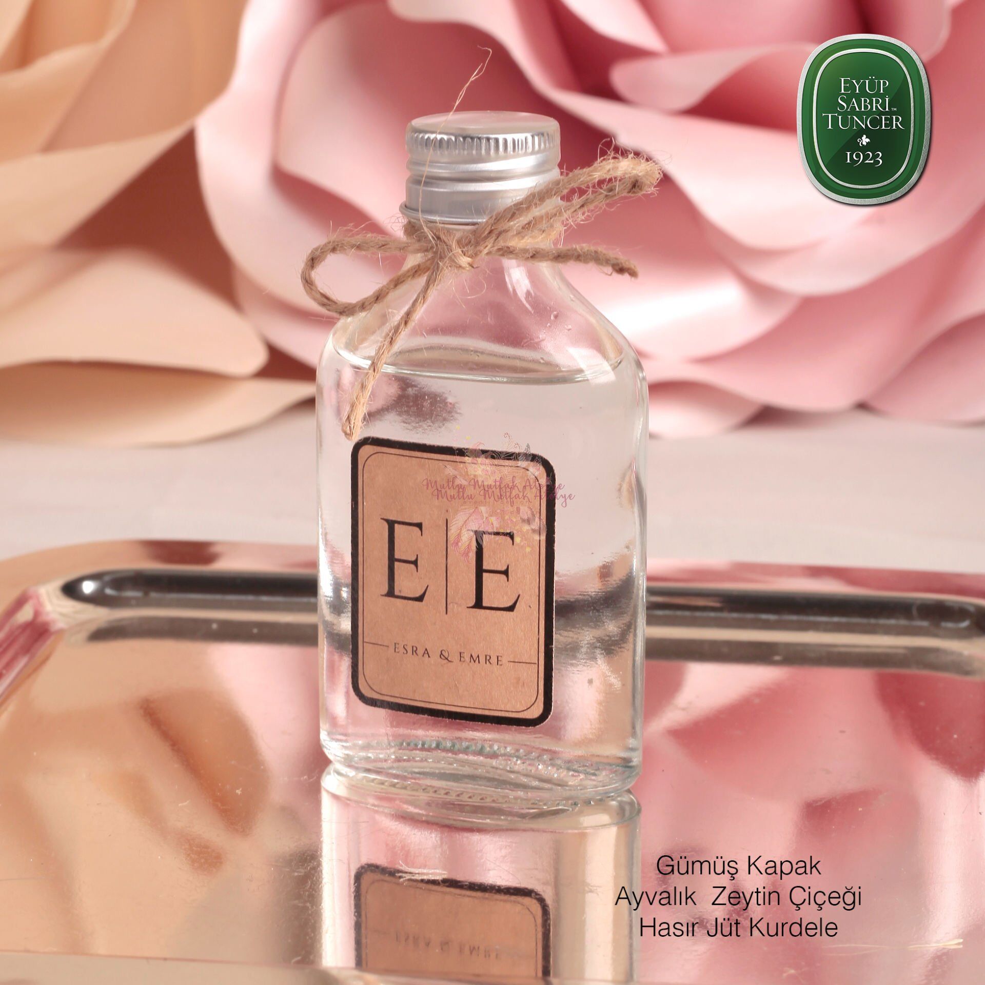 Metal Kapaklı Yassı Cam Şişe Düğün - Nişan - Bebek Kolonya Hediyeliği Eyüp Sabri Tuncer