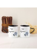 Kişiye Özel Öğretmenler Günü Hediyesi İsimli Çiçek Motifli İkili Siyah Kalpli Kupa Bardak