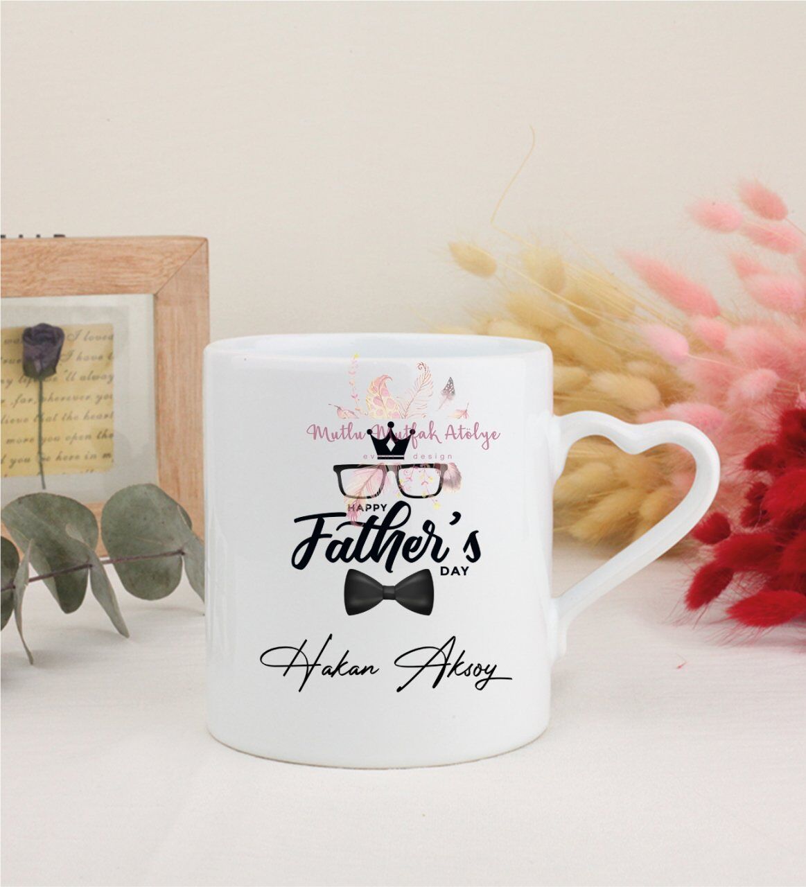 Kişiye Özel Babalar Günü Beyaz Kalpli Kupa Bardak