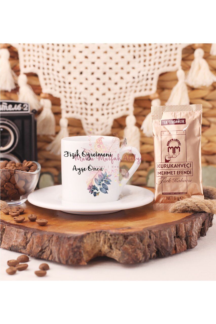 Kişiye Özel Öğretmenler Günü Hediyesi İsimli Çiçek Motifli Meslek Türk Kahvesi Fincanı