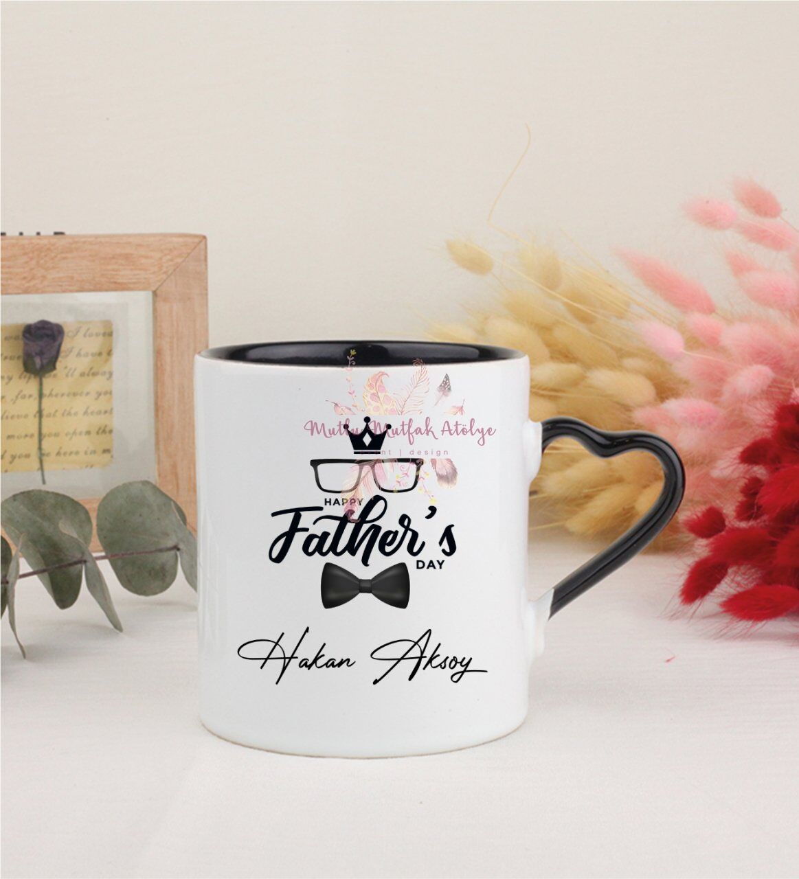 Kişiye Özel Babalar Günü Siyah Kalpli Kupa Bardak