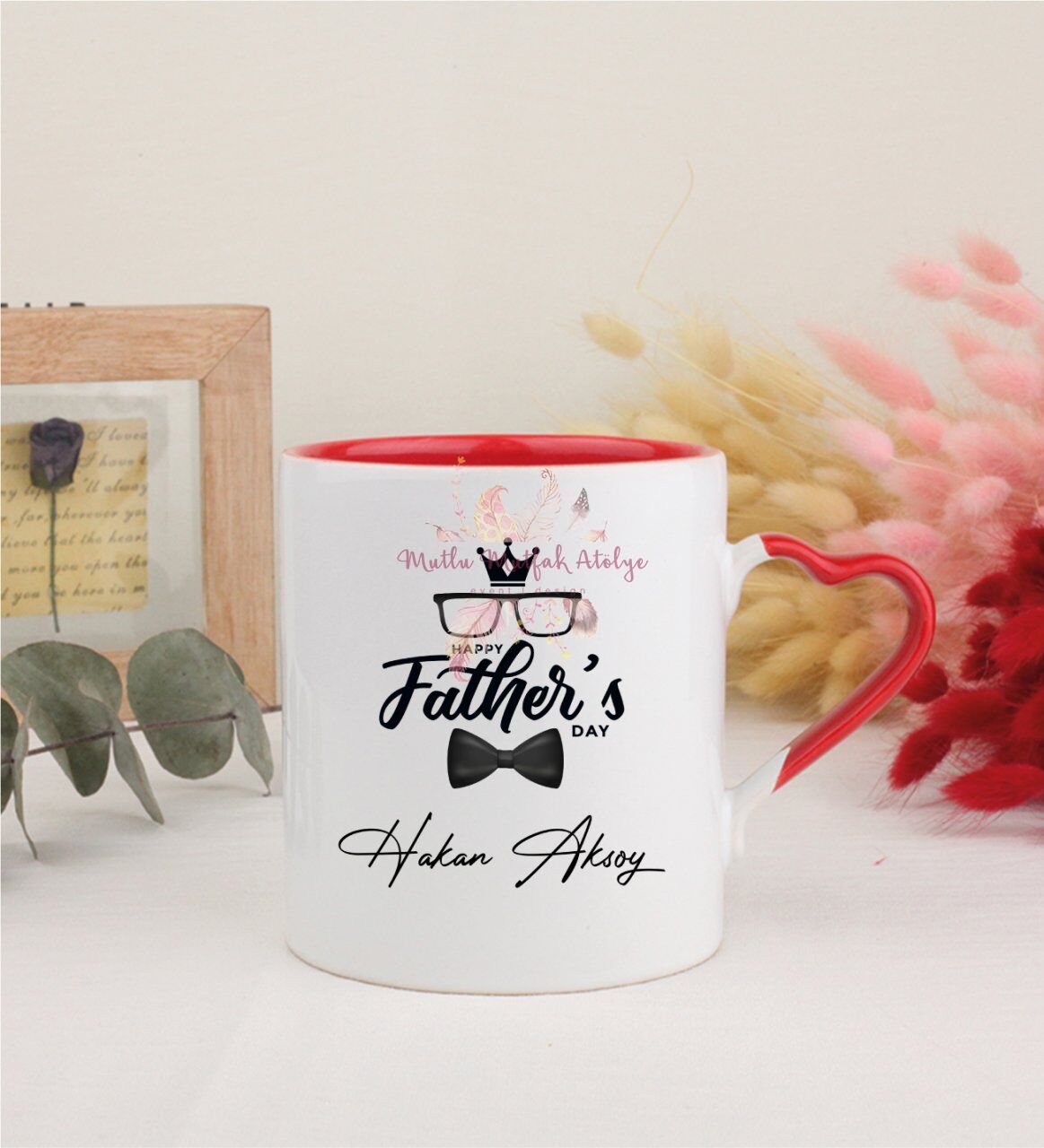 Kişiye Özel Babalar Günü Kırmızı Kalpli Kupa Bardak