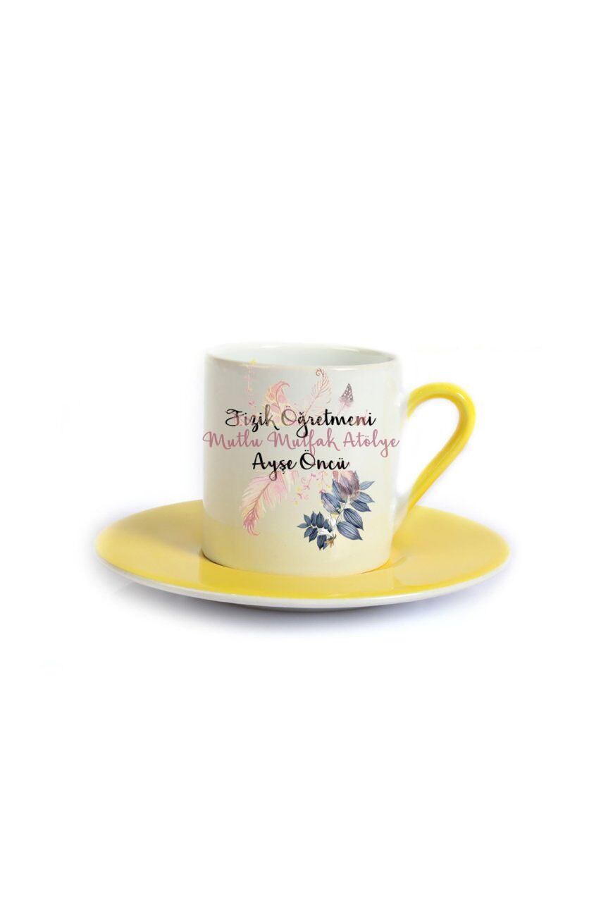 Kişiye Özel Öğretmenler Günü Hediyesi İsimli Çiçek Motifli Meslek Sarı Türk Kahvesi Fincanı