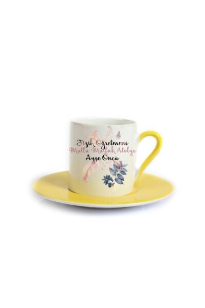 Kişiye Özel Öğretmenler Günü Hediyesi İsimli Çiçek Motifli Meslek Sarı Türk Kahvesi Fincanı