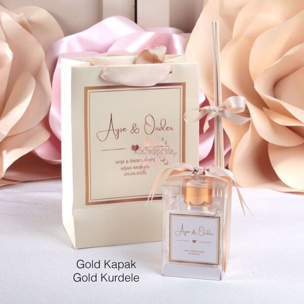 Hediyelik Yükseltili Oda Kokusu ve Baskılı Karton Çanta Seti Nişan Düğün Hediyeliği