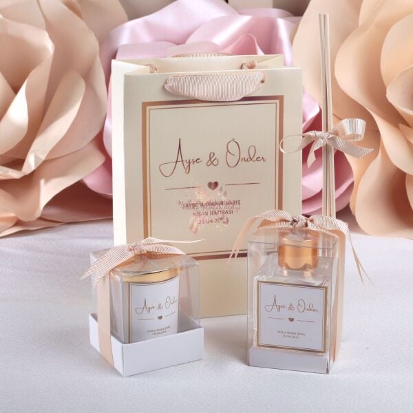Mum, Oda Kokusu ve Baskılı Karton Çanta Nişan - Düğün Hediye Seti